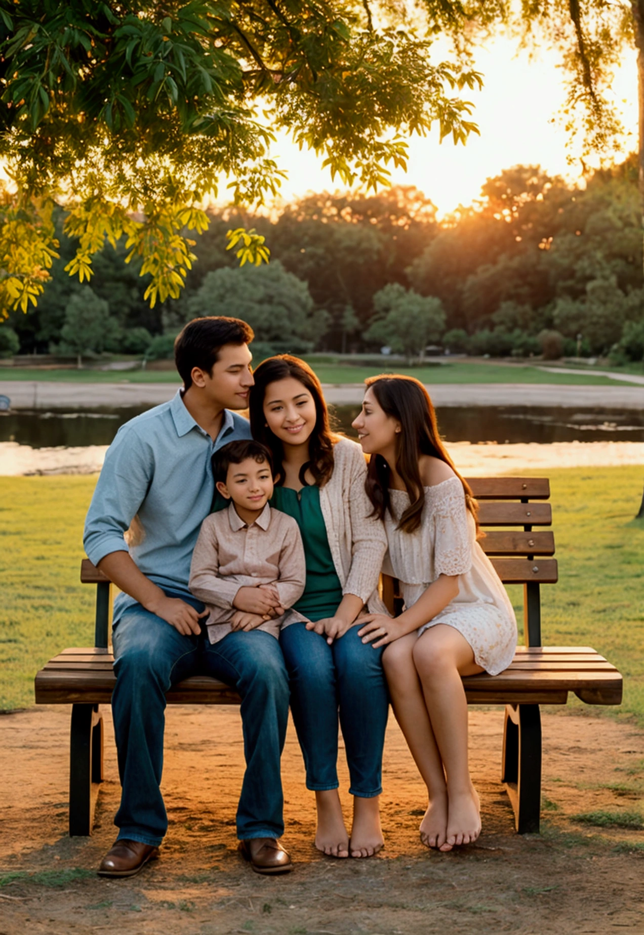 A serene and picturesque scene of a family in a park at sunset. They are sitting on a wooden bench adorned with colorful decorations..