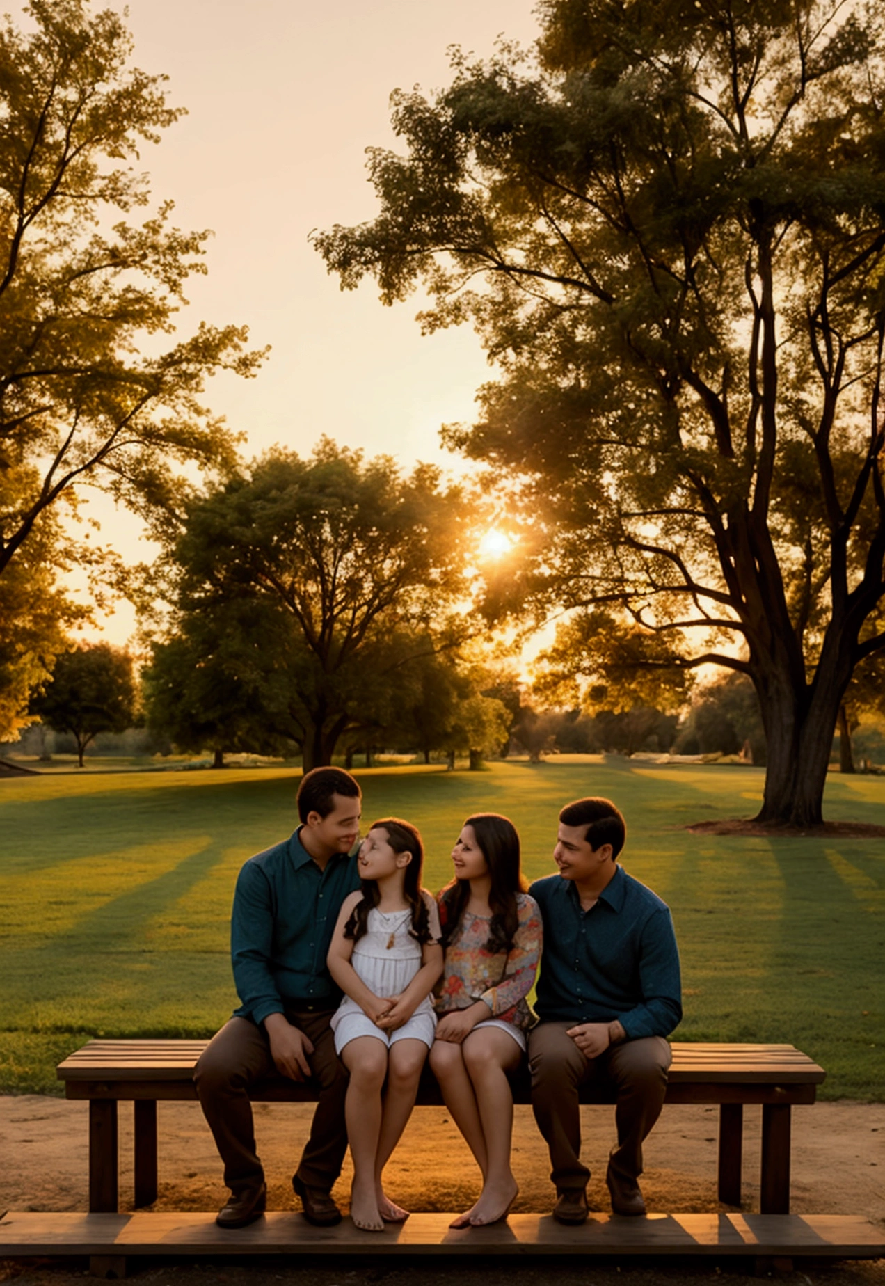 A serene and picturesque scene of a family in a park at sunset. They are sitting on a wooden bench adorned with colorful decorations..