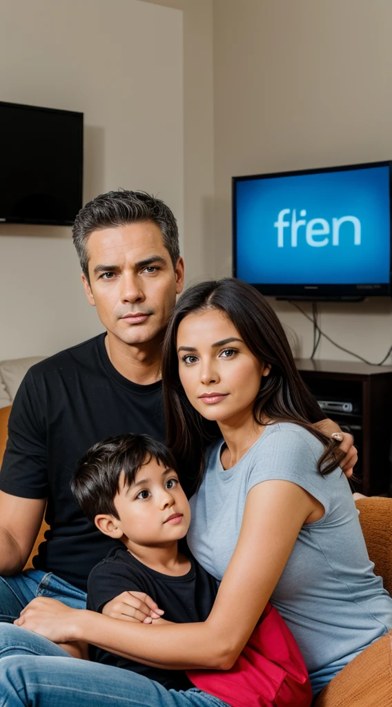A , a mother and a father are sitting at home watching TV.