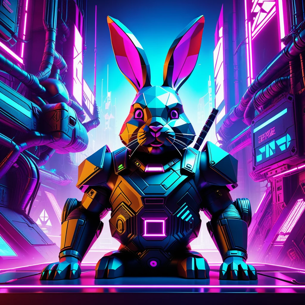 Low-poly Easter Bunny, (reimagined in a cyber punk universe), (cyber punk style), (cyber punk), (increase), cybernetics, Bright neon lights, cinematic scene, hero's vision, action pose, beautiful 8k, detailed back ground, work of art, best qualityer, high qualiy, absurderes, vivid.. arte de jogo low-poly, polygonal mesh, irregular, blocked, wire frame edges, centered composition