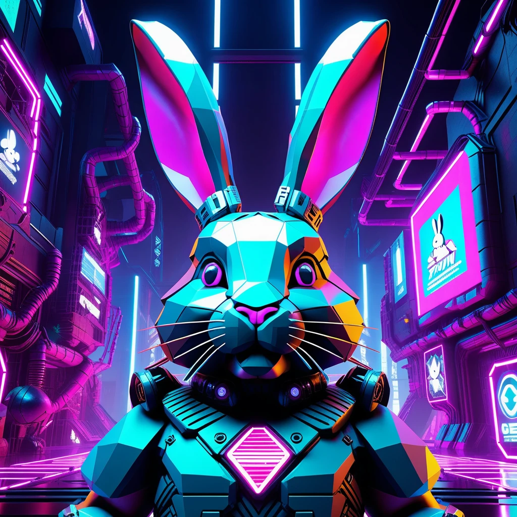 Low-poly Easter Bunny, (reimagined in a cyber punk universe), (cyber punk style), (cyber punk), (increase), cybernetics, Bright neon lights, cinematic scene, hero's vision, action pose, beautiful 8k, detailed back ground, work of art, best qualityer, high qualiy, absurderes, vivid.. arte de jogo low-poly, polygonal mesh, irregular, blocked, wire frame edges, centered composition