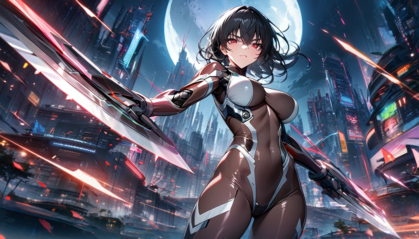 Adult girl, long black hair, red eyes, cyborg, very tight transparent batllesuit, cyber blades on hands, transparent elements, Masterpiece, best quality, Full HD, 8k, ultra details, great graphic, asagi igawa, taimanin suit, bodystocking, futuristic city, night, moon,