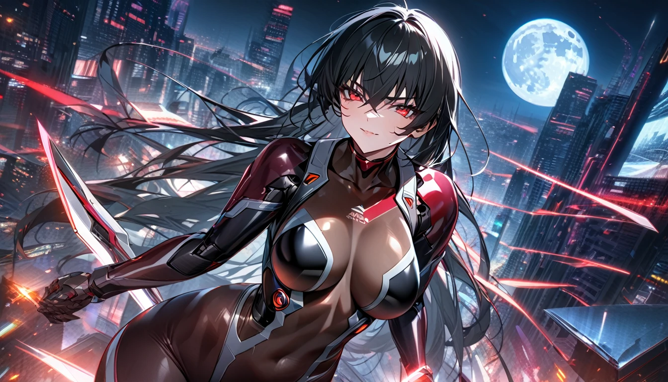 Adult girl, long black hair, red eyes, cyborg, very tight transparent batllesuit, cyber blades on hands, transparent elements, Masterpiece, best quality, Full HD, 8k, ultra details, great graphic, asagi igawa, taimanin suit, bodystocking, futuristic city, night, moon,