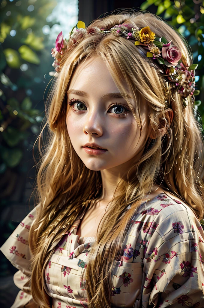 beautiful detailed girl wearing floral crown, long blonde hair, photo, 4k, (realistic:1.4), ultra detailed, high quality, masterpiece, photorealistic, studio lighting, sharp focus, physically-based rendering, vivid colors