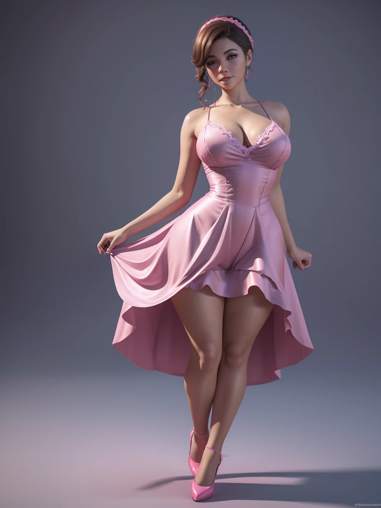 arafed woman in a pink dress and stockings is posing, a 3D render inspired by Esaias Boursse, deviantart contest winner, conceptual art, 3 d render of a full female body, she is dancing. realistic, curvy figure, realistic shaded perfect body,