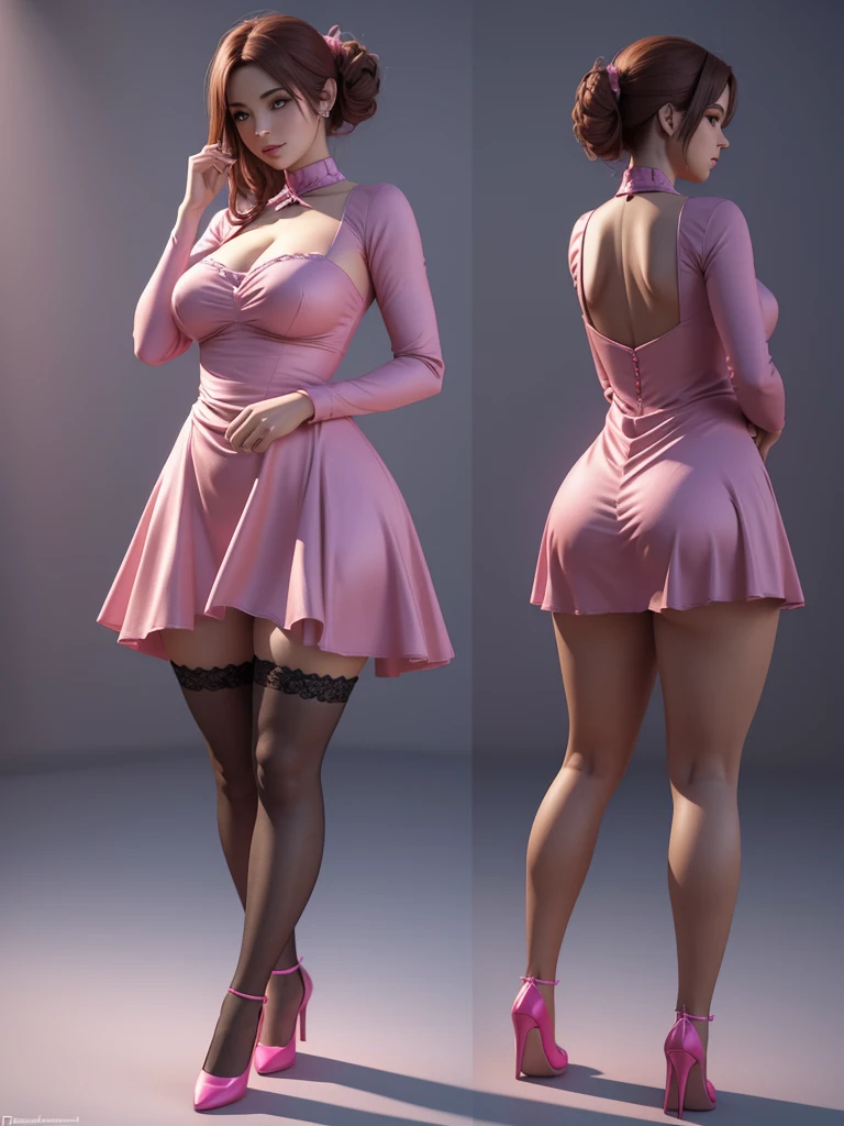 arafed woman in a pink dress and stockings is posing, a 3D render inspired by Esaias Boursse, deviantart contest winner, conceptual art, 3 d render of a full female body, she is dancing. realistic, curvy figure, realistic shaded perfect body,