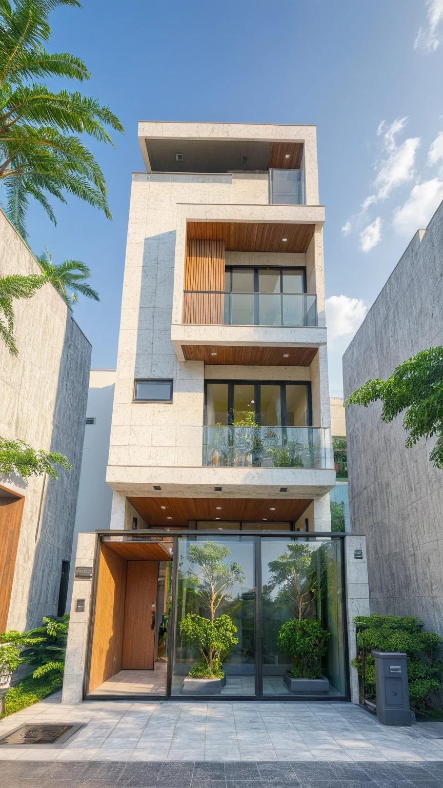 modern villa on street, (daylight), tropical tree, green shrub and plants, vivid color, streetcapes, minimalist design, brigth grey tone, (large glass door:1.2), warm interior lighting, modern material, best quality, ultra realistic, masterpiece, 
