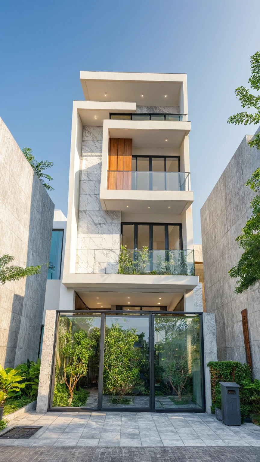 modern villa on street, (daylight), tropical tree, green shrub and plants, vivid color, streetcapes, minimalist design, brigth grey tone, (large glass door:1.2), warm interior lighting, modern material, best quality, ultra realistic, masterpiece, 
