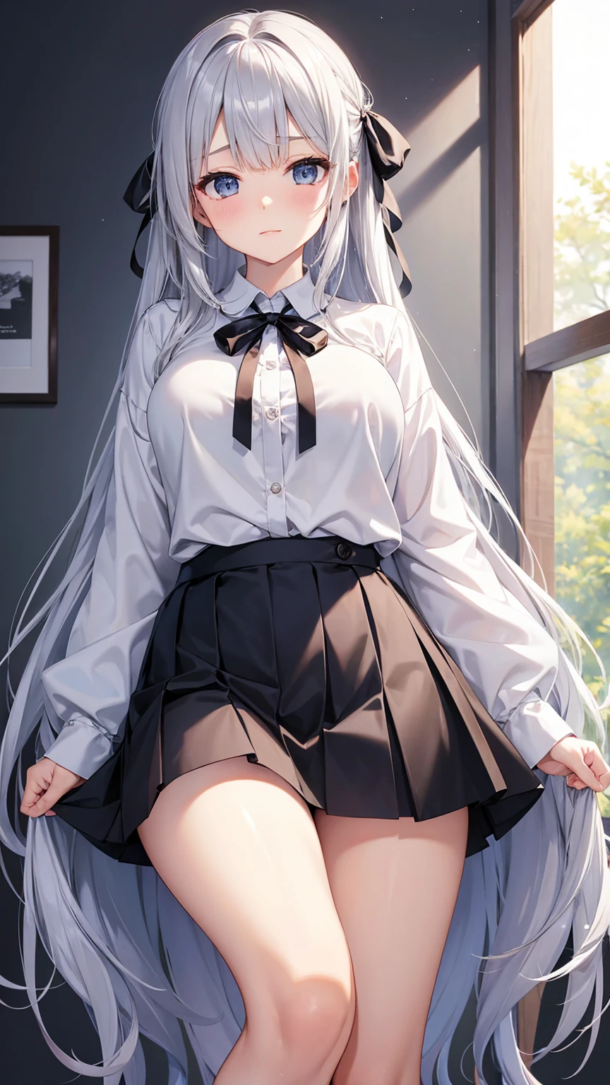 Adult Girl、Long silver hair、Huge 、shirt、ribbon、mini skirt、thigh