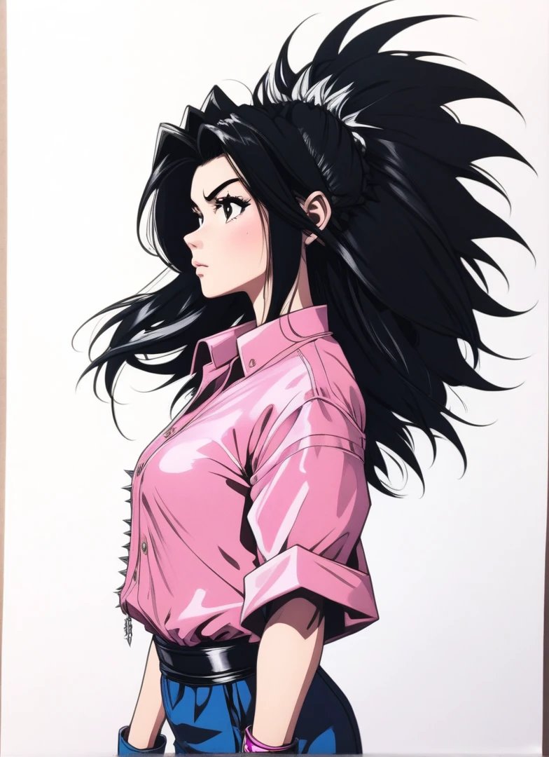 a drawing of a woman with very long hair and a pink blouse, saiyan girl, wild and spiky black saiyan hair, female goku, akira toriyama style, toriyama akira, dragon ball character, anime style character, toriyama akira 📹, fubuki, inspired by Akira Toriyama, dragon ball style