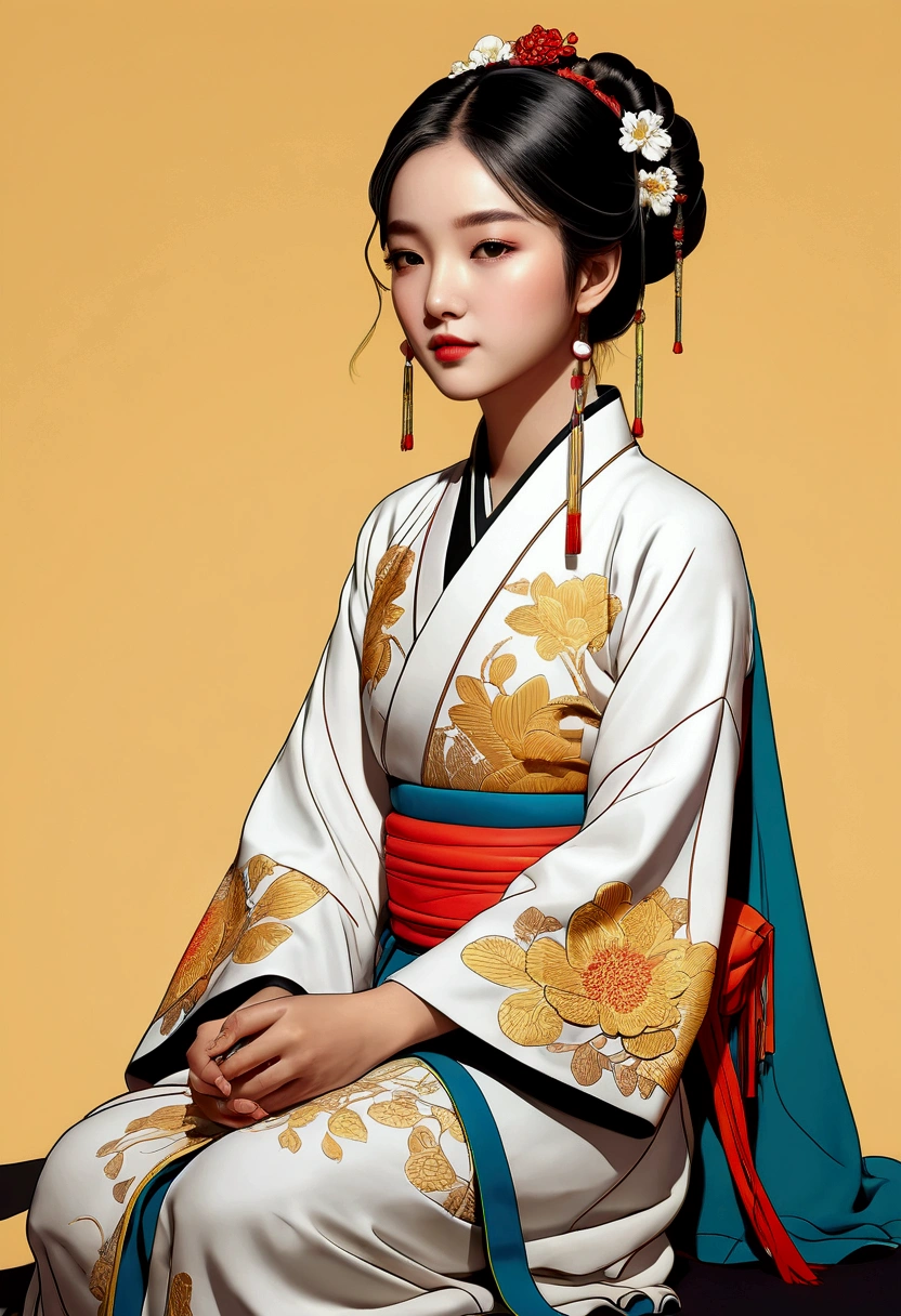 best quality, masterpiece, cinematic lighting, intricate, simple background, detailed face, full body, (outline:1.2), (popart:1.3), lineart, , , 1girl, sitting, hanfu, skistyle,, ,  
