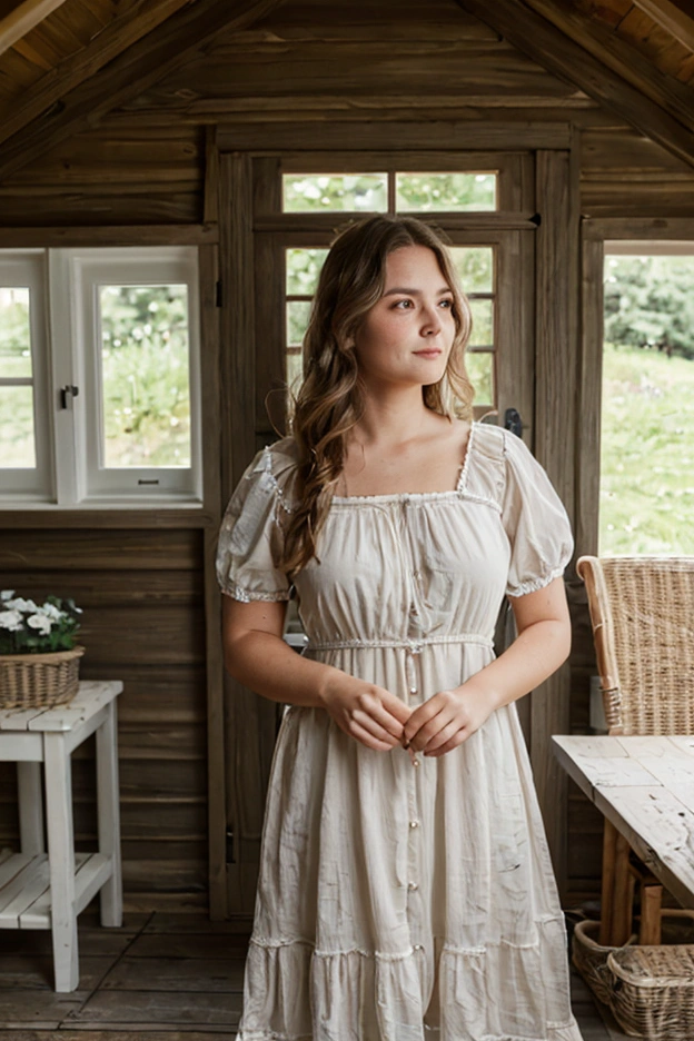 A beautiful woman with light delicately filtering through her hair, her summer dress is beautiful and she's standing in front of a cottage