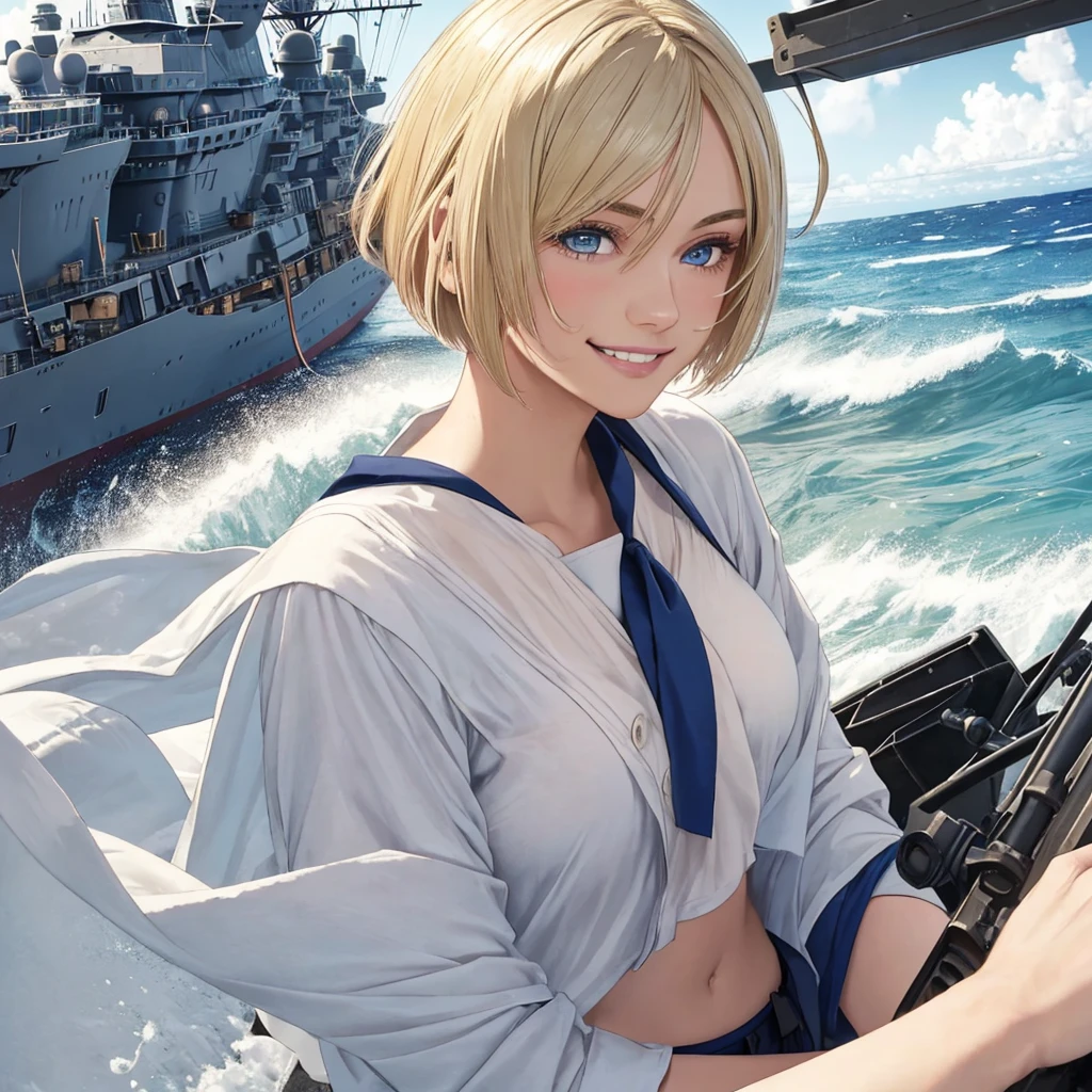 {{Masterpiece, Best Quality, extremely detailed CGI, Unity 8k Wallpaper, Cinematic lighting, }}, sony α7, Wide Frame, south Pacific, during the war with the Asian powers, the wind, blowing on the ship Aegis, 1 girl, full - body, smile, she is a U.s. Navy sailor, Caucasian, 20years old, smile, blonde hair, short bob, blue eyes , long eyelashes ,