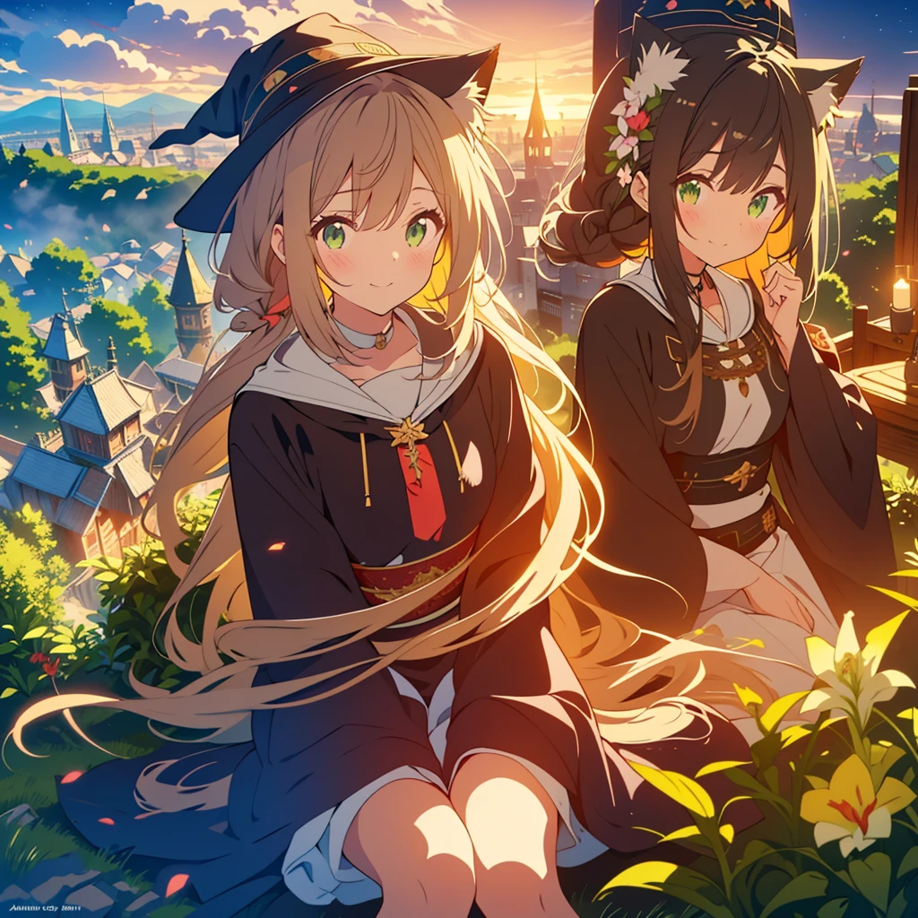 kawaii, anime, Cute, hyper quality, highly detailed, 8k, Front facing, Clarity, brown long hair, green eyes, smile, whole body, Cat ear, amaryllis, Amaryllis grows in clumps, top of the hill, A black cat near the girl, Cat ears stick out from the witch's hat, witch's black robe, fantasy, fog effect, particles of light, night, hill overlooking the town, bird's eye view, flower blooming hill, colorful amaryllis, Cityscape lit with lights, starry sky, clock tower, magic tools, You can see the cityscape in the distance, night view, western witch, medieval cityscape, cape, amaryllis flower, magic effect, wizard's robe, 	