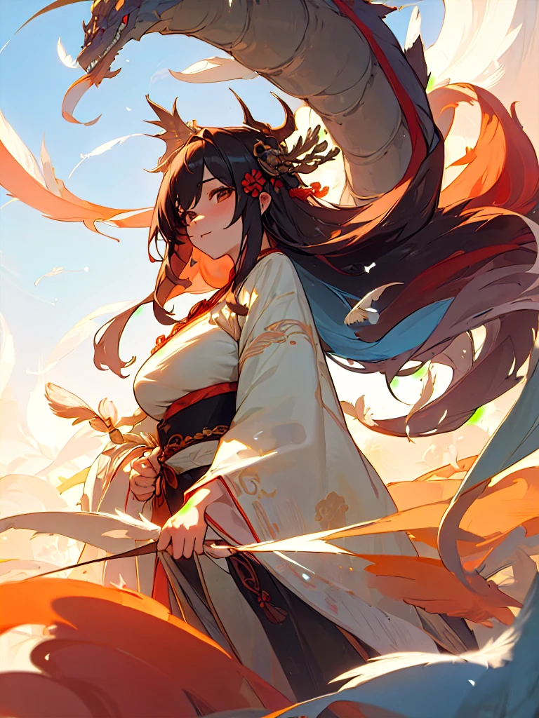 (mythological beasts), Nine-tailed demon fox, Dynamic body shape, (Chinese monster), Handsome, splashed ink, Chinese, 1girll, ((full bodyesbian), ((2.5D)), Floating hair, Beautiful eyes, Delicate eyes, Refined silhouette, Fantasy art, (Black and red vintage brocade Hanfu), fov, (Masterpiece), Frontal shot, side portrait, White background, (Movie poster), Sharp, Splash, Cloud, petals, Empty, sky, (Wide angle lens), Vistas