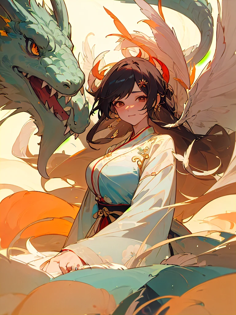 ((masterpiece, best quality)), 1girl, ((mature female)), (big breasts), longhair, floating hair, hair ornamen, (hanfu), ((clothes made of feathers)), (summer), (dragon girl), sunlight, (detailed light), lighting, (colorful), looking at viewer, chinese style architecture background, special features,(bloom), (shine)