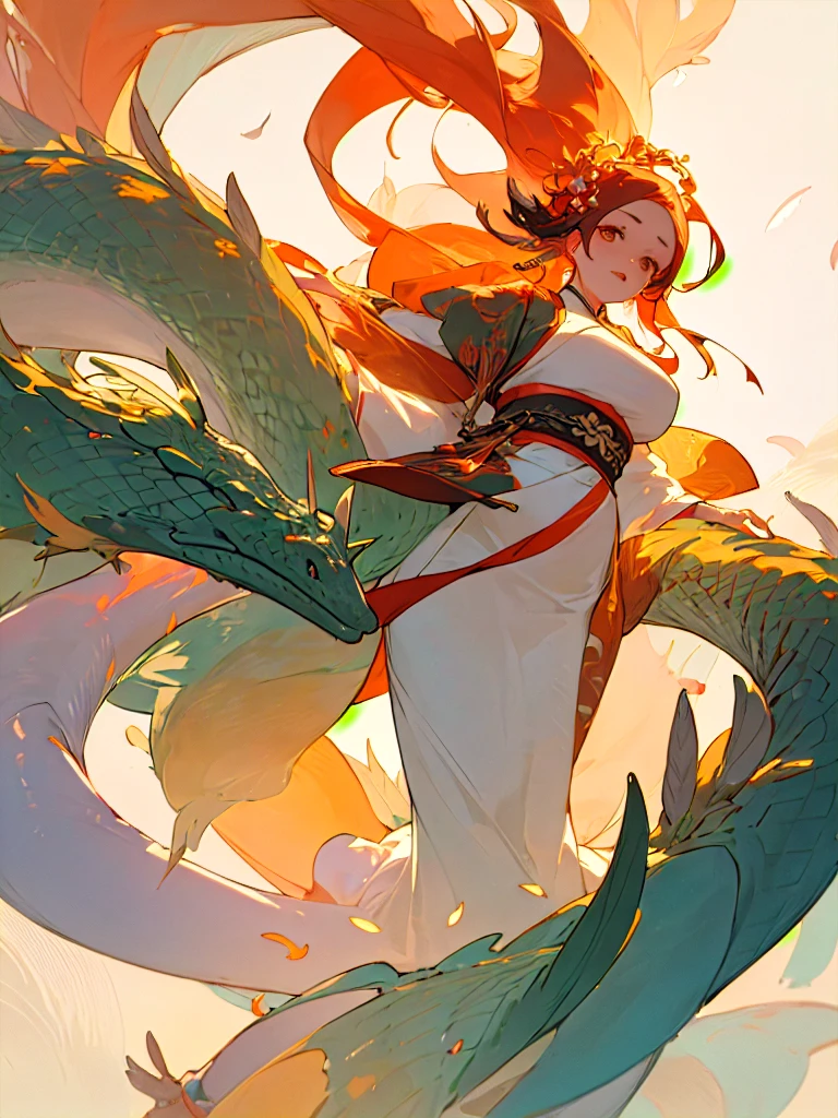 ((masterpiece, best quality)), 1girl, ((mature female)), (big breasts), longhair, floating hair, hair ornamen, (hanfu), ((clothes made of feathers)), (summer), (dragon girl), sunlight, (detailed light), lighting, (colorful), looking at viewer, chinese style architecture background, special features,(bloom), (shine)