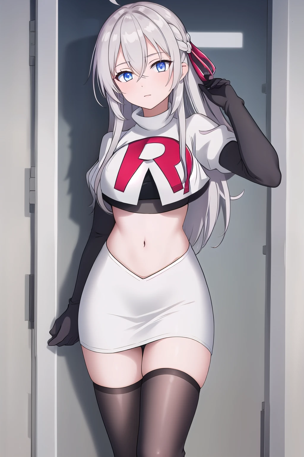 alisa,1girl,solo,long_hair,looking_at_viewer,bangs,blue_eyes,hair_between_eyes,hair_ribbon,ahoge,grey_hair,team rocket,team rocket uniform,white skirt,red letter R,crop top,black thigh-highs,black elbow gloves,flower_field