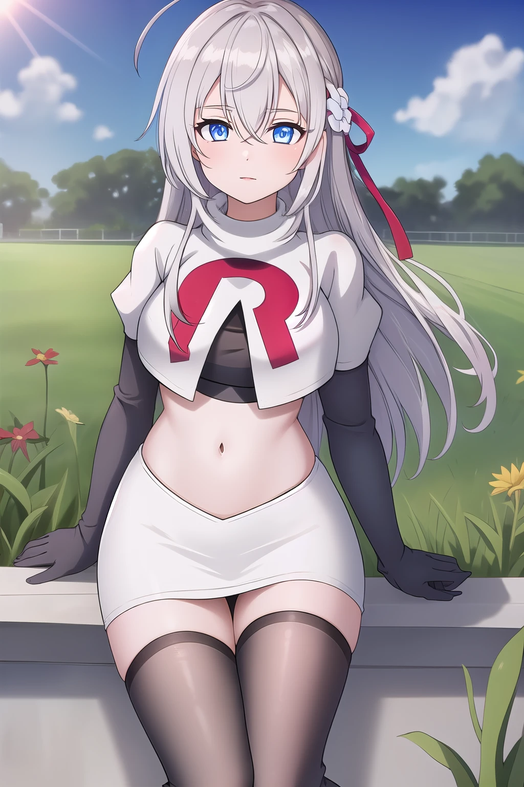 alisa,1girl,solo,long_hair,looking_at_viewer,bangs,blue_eyes,hair_between_eyes,hair_ribbon,ahoge,grey_hair,team rocket,team rocket uniform,white skirt,red letter R,crop top,black thigh-highs,black elbow gloves,flower_field