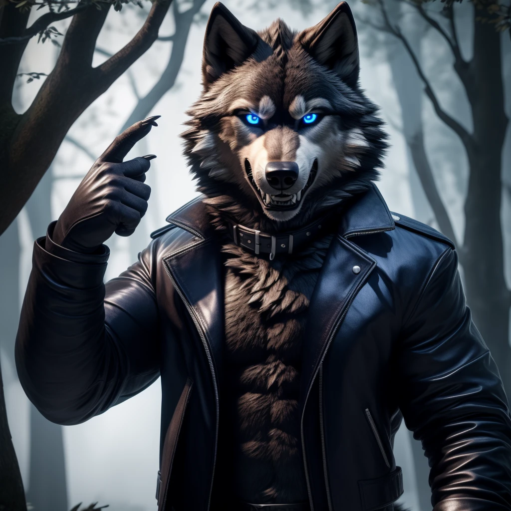 Posing, Male, 30 years old, eyeliner, black leather jacket, anthro, wolf ears, (black fur:1.5), wolf, forest background, 8k, hi res, (best quality, masterpiece), (wolf tail:1.5), detailed fur, solo, blue jeens, blue eyes, collar, evil grin, crazy expression, barring teeth