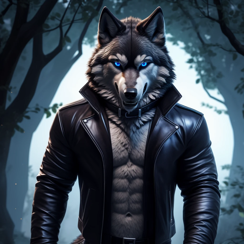 Posing, Male, 30 years old, eyeliner, black leather jacket, anthro, wolf ears, (black fur:1.5), wolf, forest background, 8k, hi res, (best quality, masterpiece), (wolf tail:1.5), detailed fur, solo, blue jeens, blue eyes, collar, evil grin, crazy expression, barring teeth