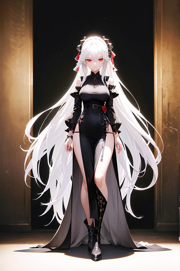 Girl, 20 years old, with long white hair down to below her waist, a serious yet tender expression, and red eyes. Her hair features black streaks. She wears antique-style clothing, a long black dress with a slit on the legs, and high black boots that almost reach her knees. Her power and background are related to shadows and darkness.