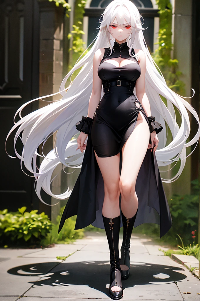 Girl, 20 years old, with long white hair down to below her waist, a serious yet tender expression, and red eyes. Her hair features black streaks. She wears antique-style clothing, a long black dress with a slit on the legs, and high black boots that almost reach her knees. Her power and background are related to shadows and darkness.