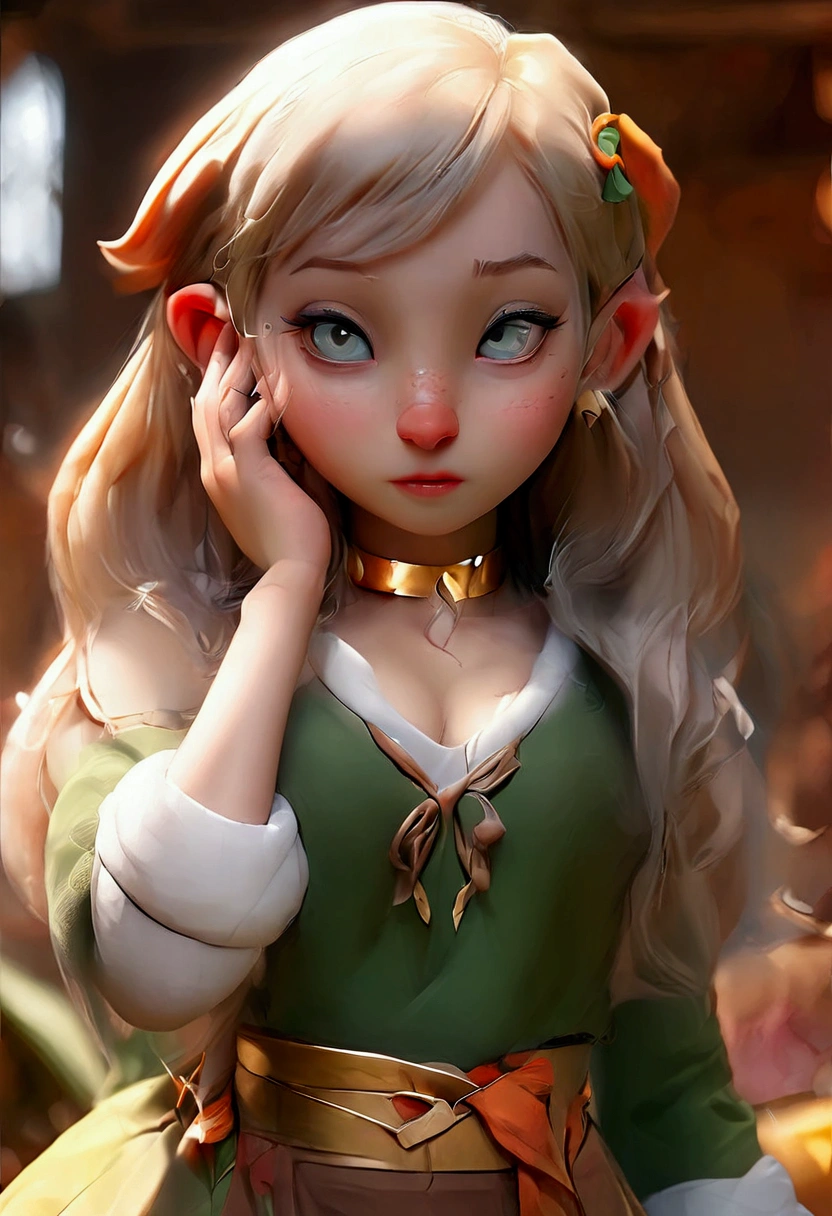 Beautiful young elf girl, candid pose, Lightweight clothing, full height, short skirt with cutout, fanservice
