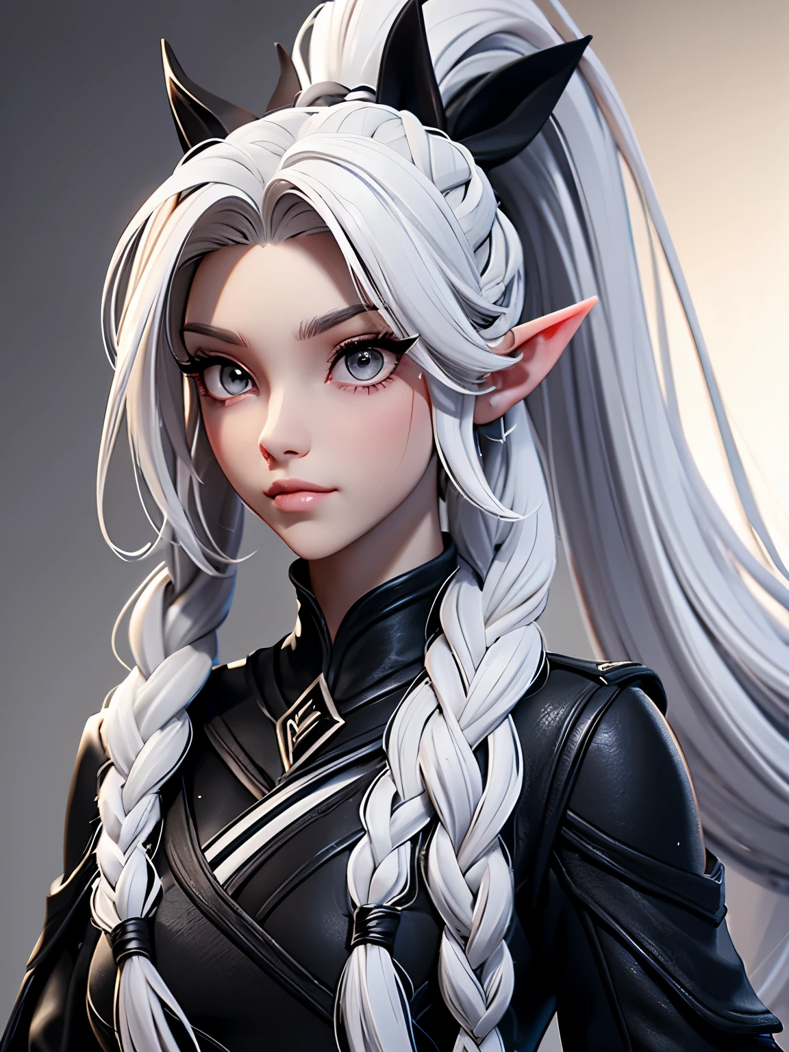 Millicent is a 21 year old young girl, tall and fit physique. She has fair skin and gray eyes with small pupils. Long wavy white hair braided into a high ponytail with many small braids. Has long pointed ears. Described as an incredibly beautiful girl. Prefers to wear black clothes, gray and white colors