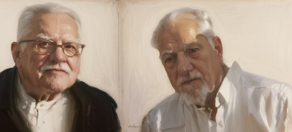 Oil painting of two old men ((best work of art)) ((two elderly men)) ((White background)) Brown hair, modern, current white background, Nick Alm, by Andrea Pozzo, Jeremy Lipking, range murata Jeremy Lipking, by Carlo Mense, inspired by Enrique Simonet, sargento marshénnikov, by Michael Ford, krenzcushart, Jeremy Lipking full length shot, by Josep Rovira Soler
