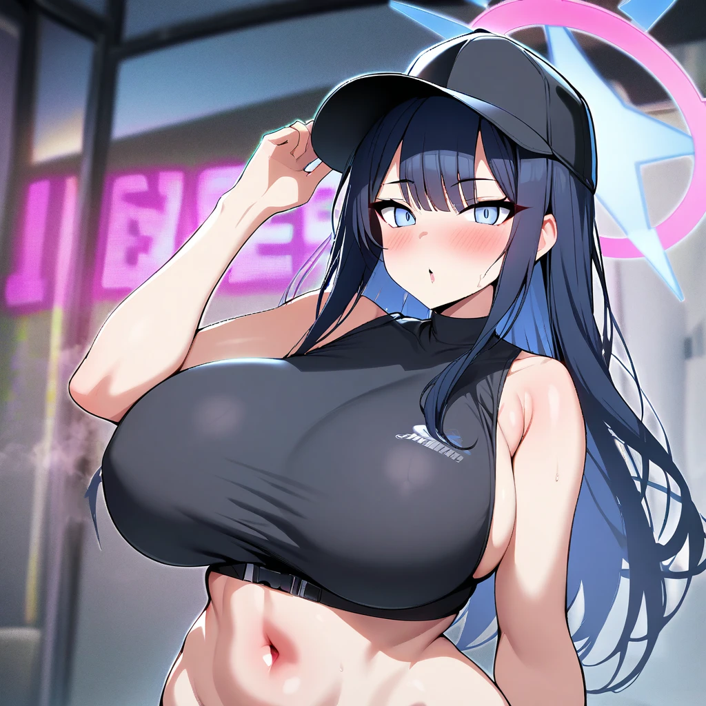 saori(blue archive),1girl,solo,blush,cap,sleeveless,bare shoulders,be seen from one's navel,super huge breasts,looking at viewer,near,standing up,kivotos Background