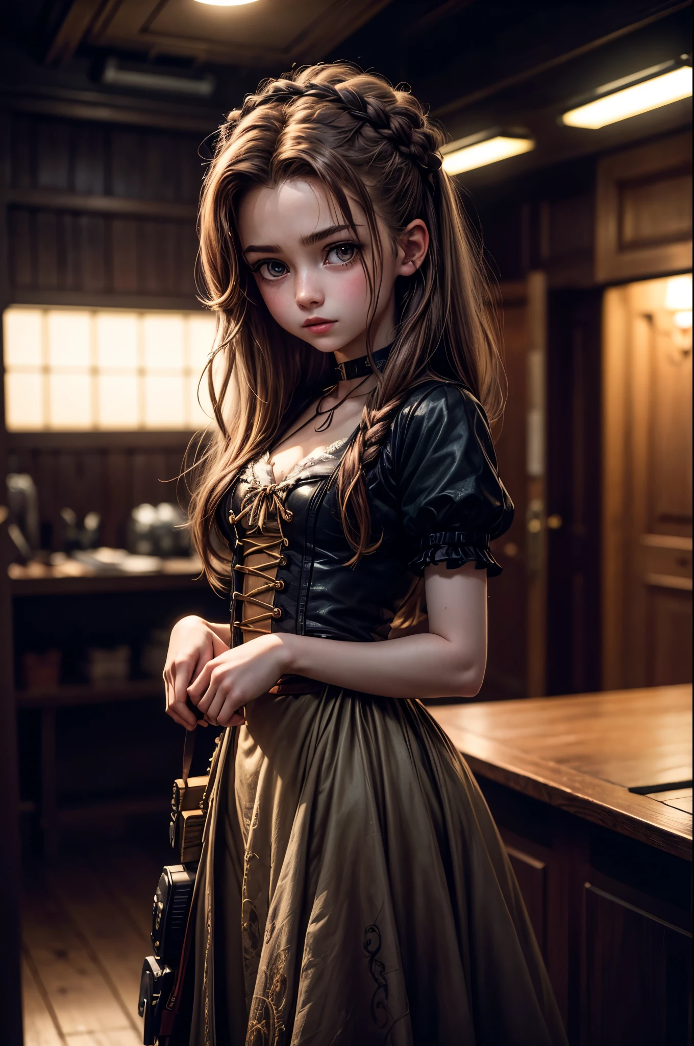 (photography of a 20 year old Aerith Gainsborough), (no close-up), highly detailed face, (smile:0.7) (background inside dark, moody, private study:1.3), steampunk pirate's airship, nikon d850, film stock photography, for kodak portra 400 ,camera f1.6 lens, bokeh, analog style, rich colors, hyper realistic, lifelike texture, dramatic lighting, cinestill 800, messy hair, serious, (freckles:0.4), pale skin, cute sexy