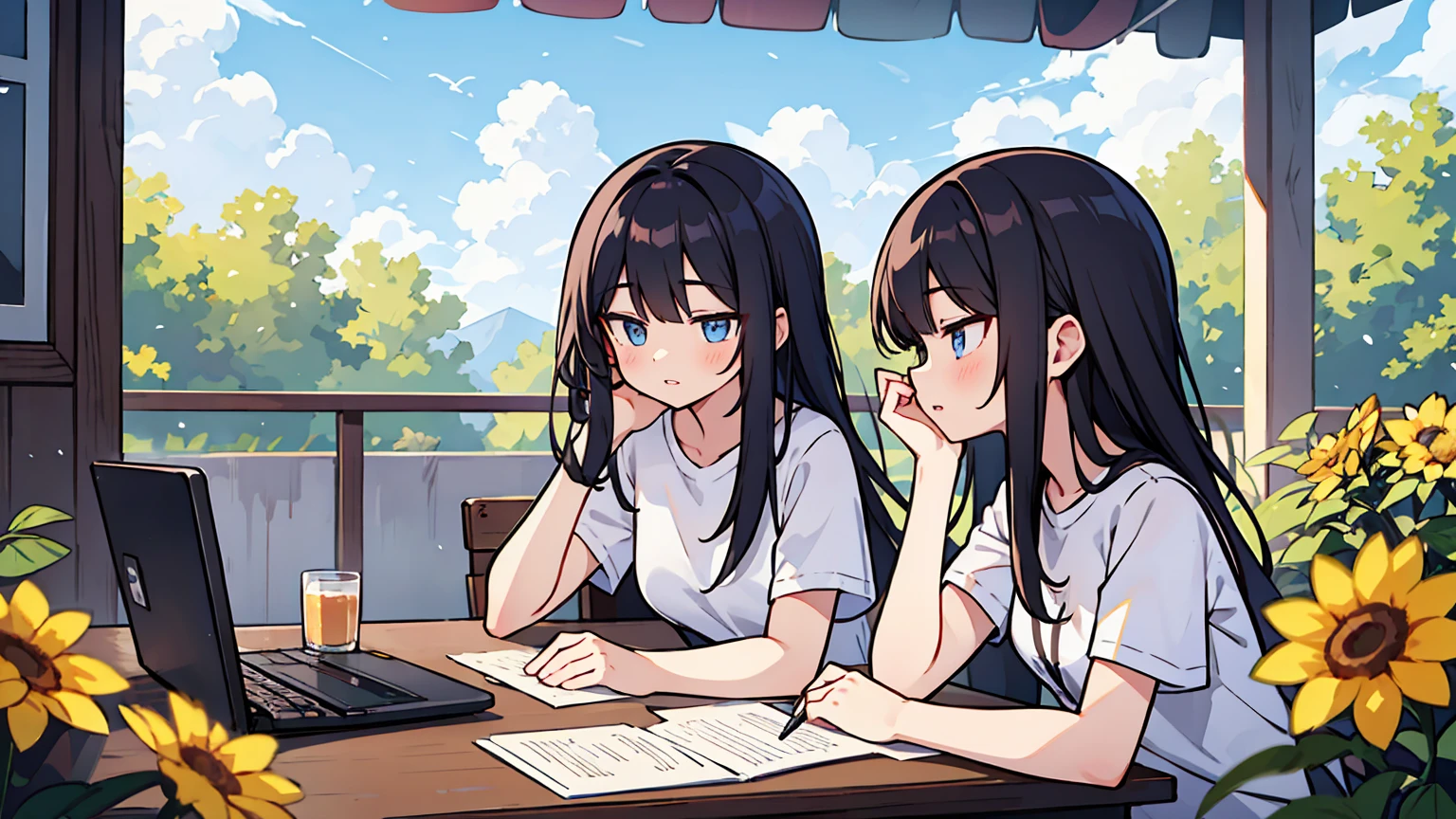 (masterpiece, best quality),2 18 year old women, black hair,blond hair, different faces, Rape flower, long hair, outdoors, short sleeve, chapped lips, cloud, black hair, sunlight, casual attire, angel, whole body, from the side, In a spacious café, study at desk,My eyes are on the note, together, stylish outfit,