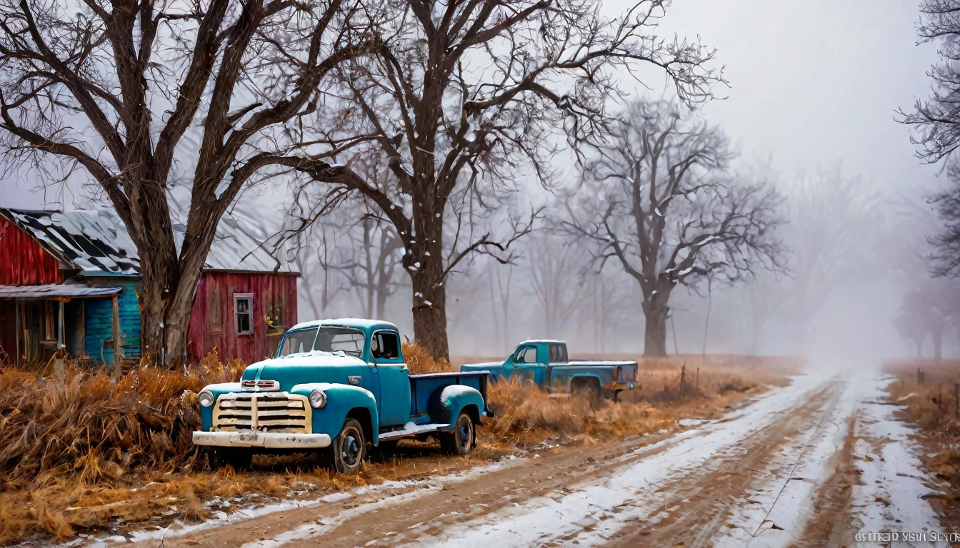 desolate, deserted atopy, as snow falls and dense fog moves, houses on the side of the road, abandoned trucks, (apocalyptic image), (vibrant colors) ethereal, photo realistic detailed image, sharp focus, studio photography, xf iq 4, 1 5 0 0 0 0 mp, 5 0 mm, iso 2 0 0 , 1/1 6 0 s, realistic, natural light, octane rendering, adobe lightroom, thirds resolution, symmetrical balance, depth layers, filter polarizer, ..., hd, color optics, ..., hd, opaque color, masterpiece