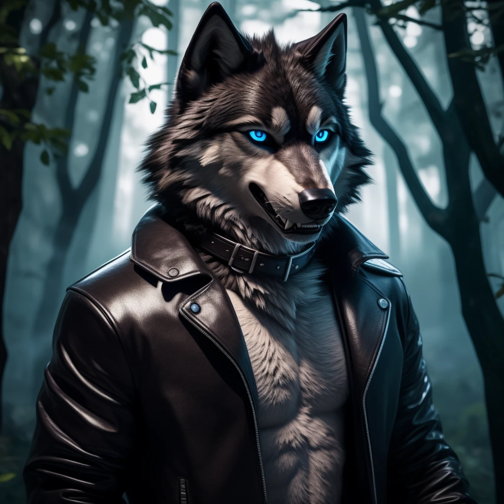 Posing, Male, 30 years old, eyeliner, black leather jacket, anthro, wolf ears, (black fur:1.5), wolf, forest background, 8k, hi res, (best quality, masterpiece), (wolf tail:1.5), detailed fur, solo, blue jeens, blue eyes, collar, evil grin, crazy expression, barring teeth