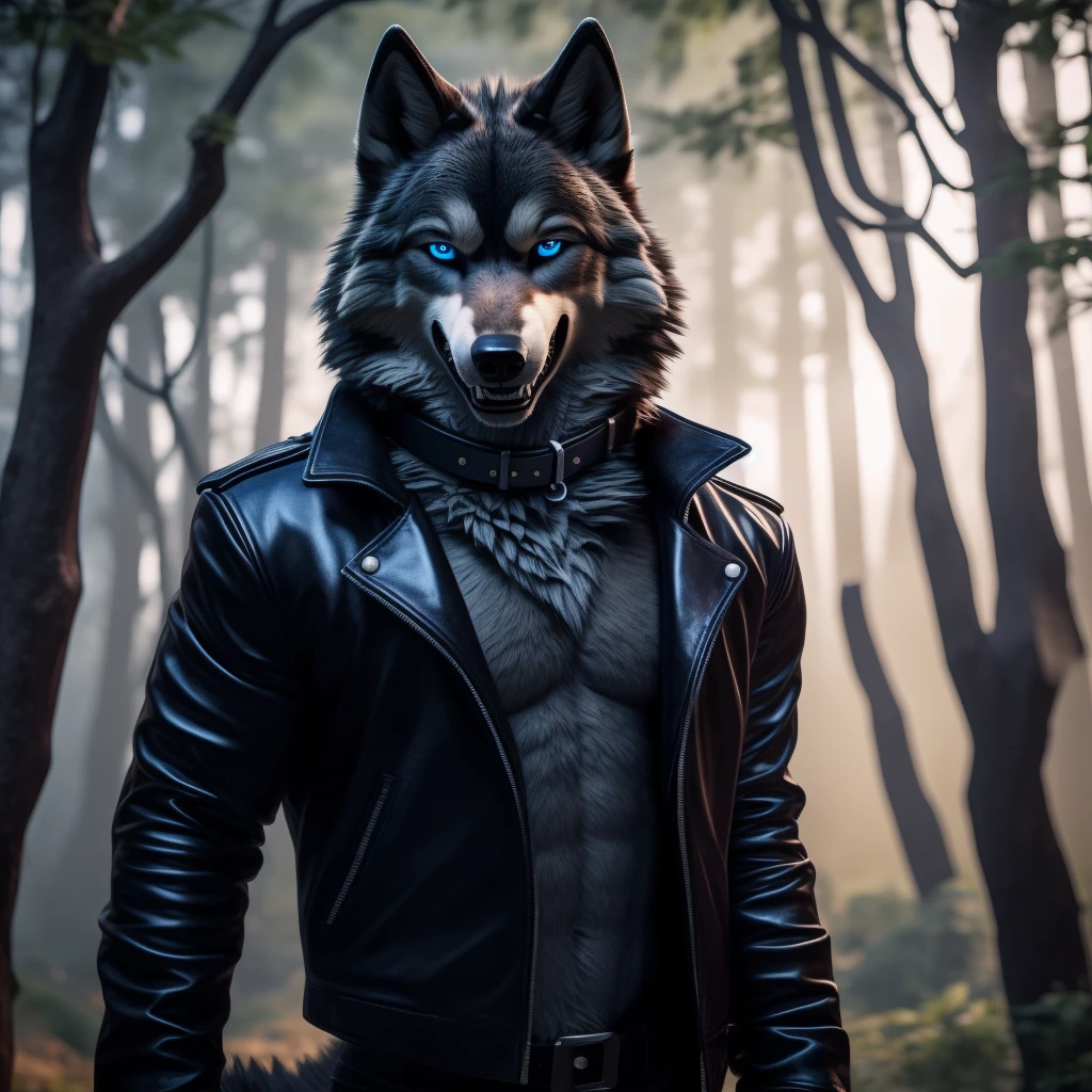 Posing, Male, 30 years old, eyeliner, black leather jacket, anthro, wolf ears, (black fur:1.5), wolf, forest background, 8k, hi res, (best quality, masterpiece), (wolf tail:1.5), detailed fur, solo, blue jeens, blue eyes, collar, evil grin, crazy expression, barring teeth