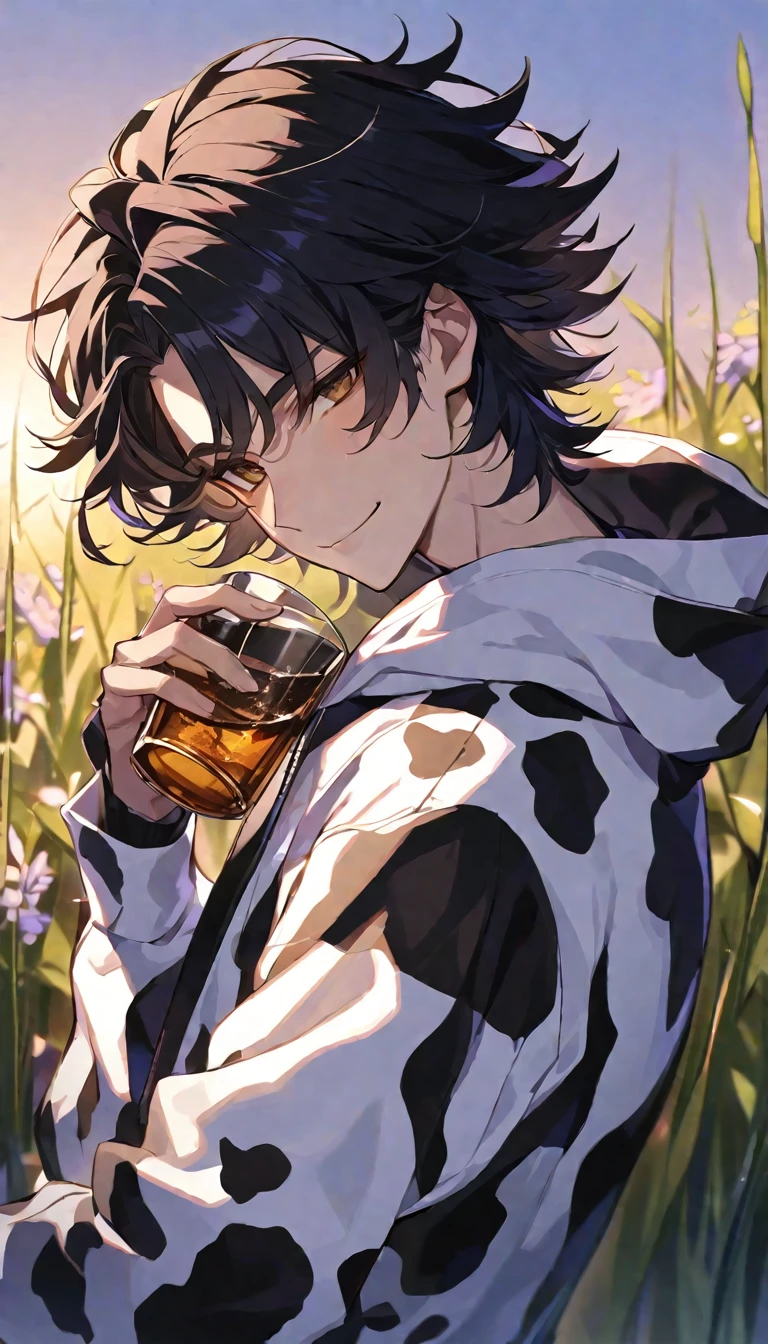 Solo,handsome,
1. male,
bangs,straight hair,Bob Hair,the back of one's neck,
black hair,
Gojo Satoru ,
brown Eyes,Soft look,
beautiful,sexly,Darkness,smile,Have a alcohol drink,
cow-patterned clothes, Full Zip Hoodie,
morning sun,simple background ,
meadow background,