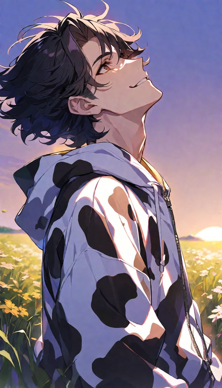 Solo,handsome, 
1. male,
bangs,straight hair,Bob Hair,the back of one's neck,
black hair, 
Gojo Satoru ,
brown Eyes,Soft look,
beautiful,sexly,Darkness,smile,Have a alcohol drink,
cow-patterned clothes, Full Zip Hoodie,
morning sun,simple background ,
meadow background,
