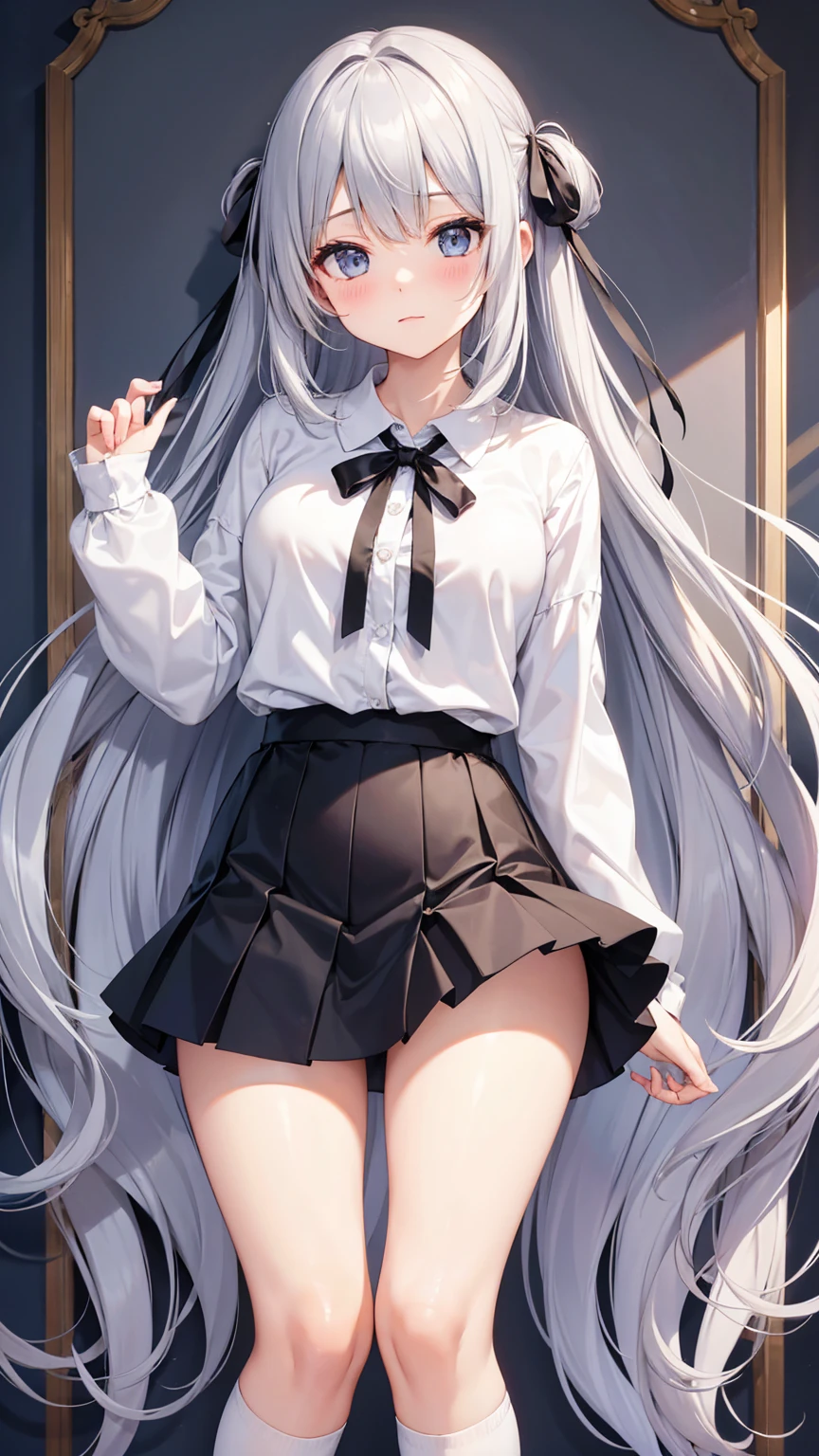 Adult Girl、Long silver hair、Huge 、shirt、ribbon、mini skirt、Knee-high socks、thigh