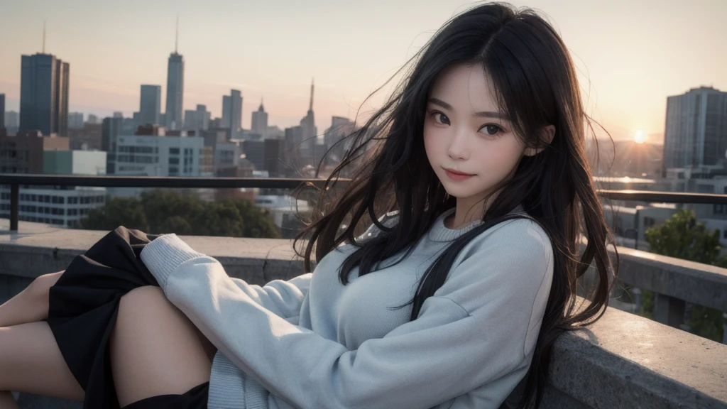 (masterpiece:1.4), (Best quality:1.4), (absurdity), (detailed background:1.2), (I look at the viewer), (The character in the center),
(upper body), (on open air), city,sunset,sitting,
(medium breast),
(Shiny skin:1.4), (lively skin:1.2), (pale skin), (Natural wavy:0.8~1.2), (bang), long hair, (black hair),
bare legs, sweatshirt with skirt,
A slight smile,