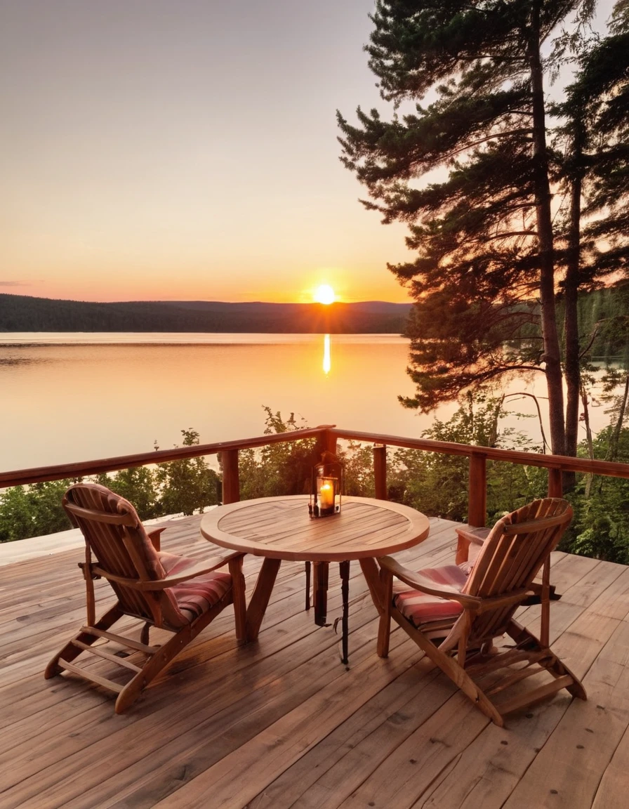 a close up of a wooden deck with chairs and a table, setting in nature, sunset view, beautful view, beautiful place, summer lake setting, peaceful environment, all in the amazing outdoors view, sunset time, chill time. good view, gorgeous view, instagram photo amazing view, peaceful and serene, peaceful atmosphere, epic scenic shot, paradise in the background