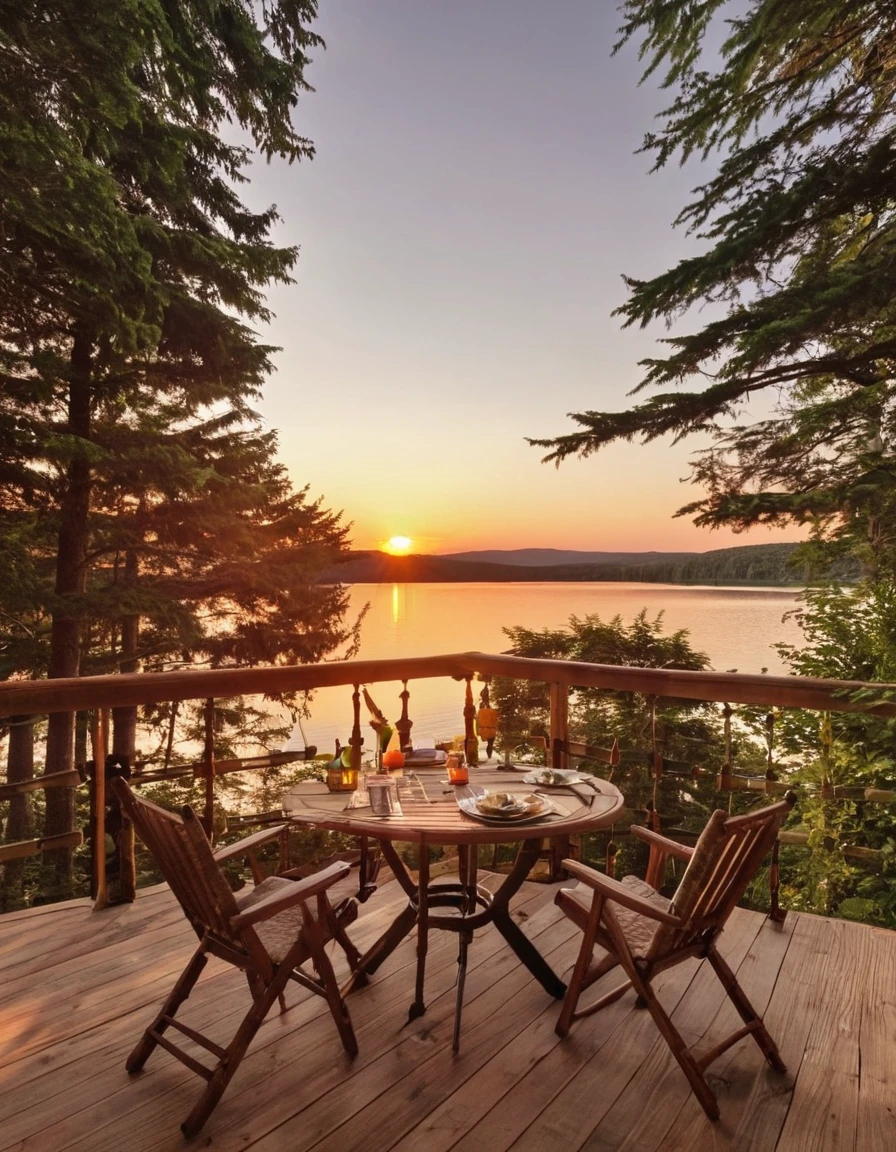 a close up of a wooden deck with chairs and a table, setting in nature, sunset view, beautful view, beautiful place, summer lake setting, peaceful environment, all in the amazing outdoors view, sunset time, chill time. good view, gorgeous view, instagram photo amazing view, peaceful and serene, peaceful atmosphere, epic scenic shot, paradise in the background