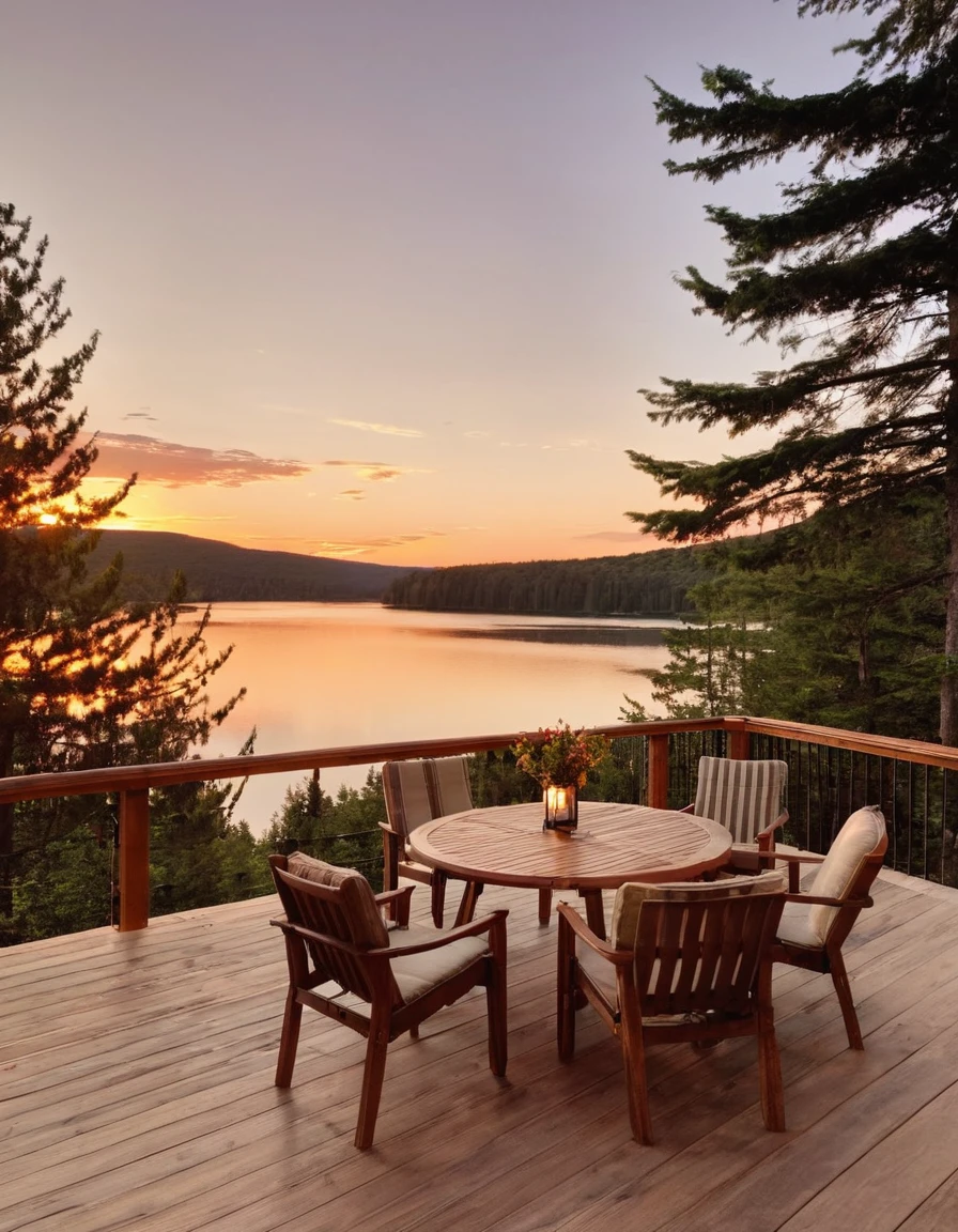 a close up of a wooden deck with chairs and a table, setting in nature, sunset view, beautful view, beautiful place, summer lake setting, peaceful environment, all in the amazing outdoors view, sunset time, chill time. good view, gorgeous view, instagram photo amazing view, peaceful and serene, peaceful atmosphere, epic scenic shot, paradise in the background