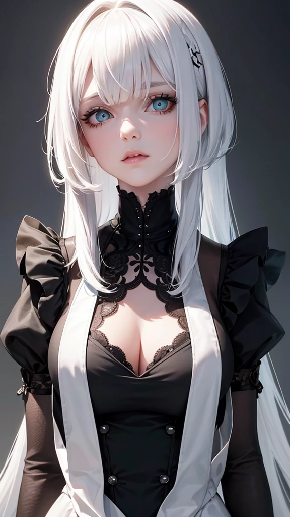 girl with white hair, with bangs, black gloves, green eyes, gothic, dress,4K, masterpiece, perfect body, stem,perfect eyes, perfect shading, perfect lighting, best quality, work of art, ultra detailed, detailed clothing