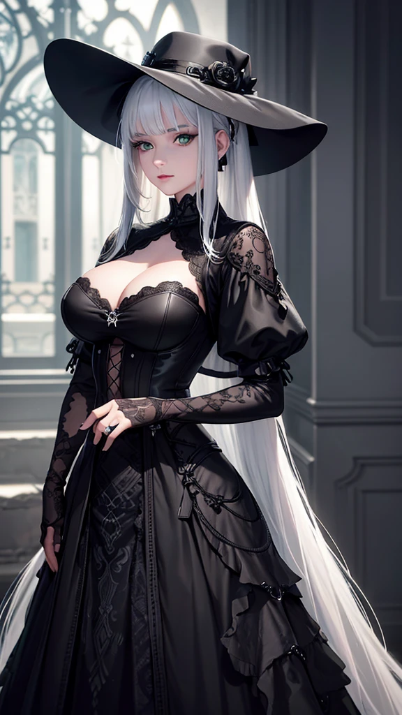 girl with white hair, with bangs, black gloves,  green eyes, gothic, dress,4K, masterpiece, perfect body, stem,perfect eyes, perfect shading, perfect lighting, best quality, work of art, ultra detailed, detailed clothing