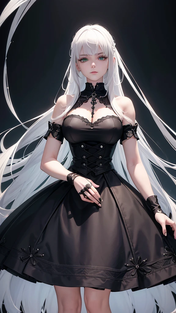 girl with white hair, with bangs, black gloves,  green eyes, gothic, dress,4K, masterpiece, perfect body, stem,perfect eyes, perfect shading, perfect lighting, best quality, work of art, ultra detailed, detailed clothing