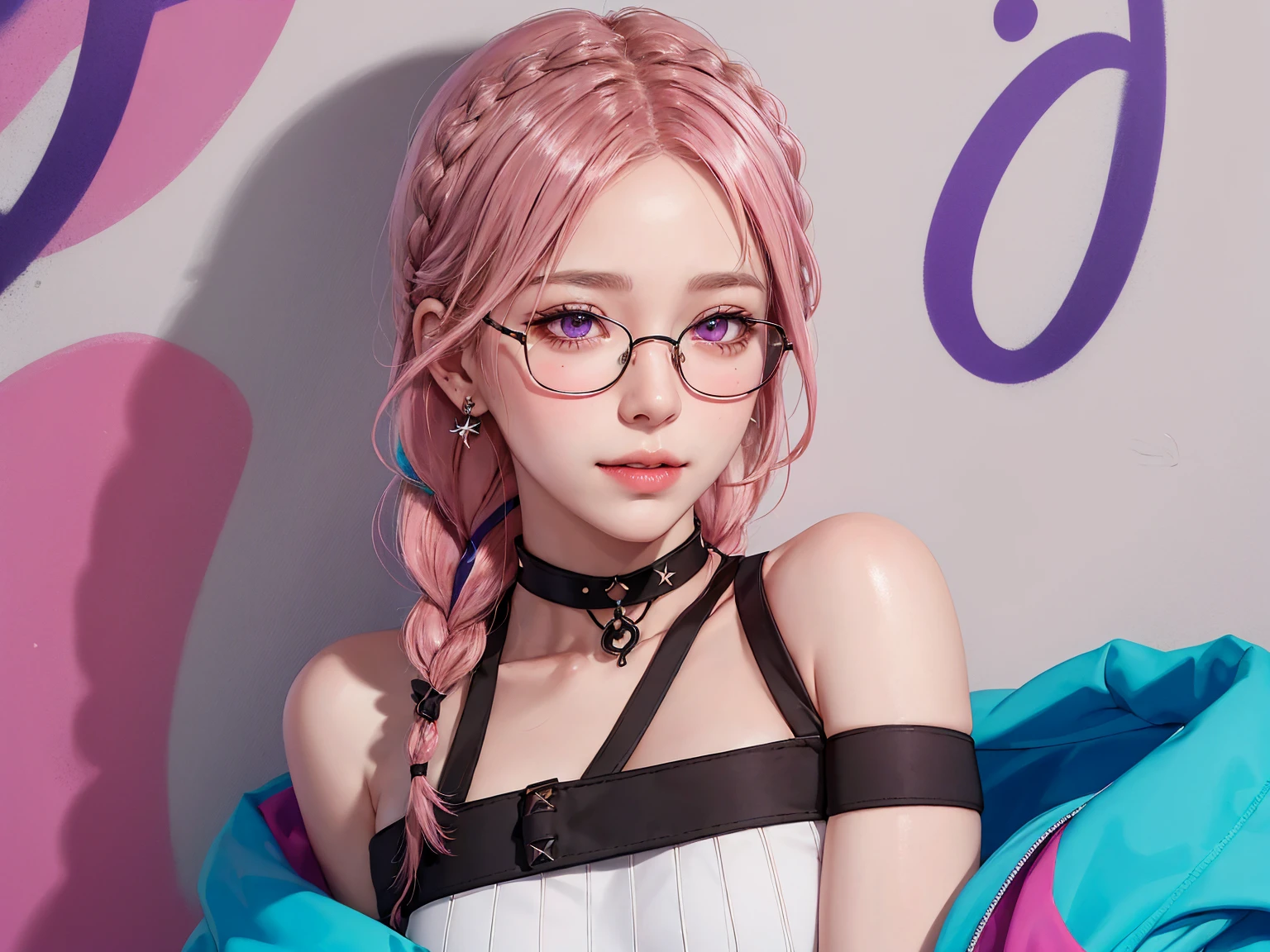 1girl, solo, long hair, breasts, looking at viewer, smile, bangs, shirt, hair ornament, long sleeves, bare shoulders, jewelry, medium breasts, very long hair, closed mouth, standing, purple eyes, white shirt, pink hair, flower, cowboy shot, earrings, detached sleeves, glasses, pants, indoors, hair flower, pink eyes, necklace, bracelet, window, turtleneck, thigh gap, denim, semi-rimless eyewear, red-framed eyewear, under-rim eyewear, jeans, blue pants