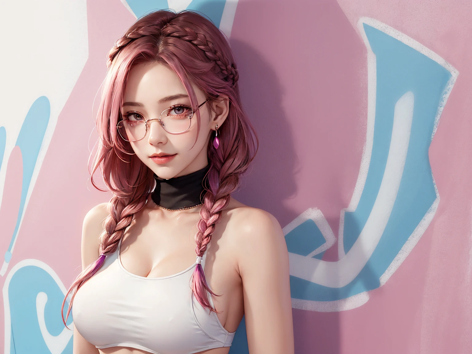 (Masterpiece, best quality, 1 girl, alone, complicated details, Chromatic aberration), realistic, ((Moderate breath)),long hair, pink hair, Red headpiece, Pink Highlights, hair on one eye,purple eyes, earring, sharp eyes, choker, Neon coat, She wears a collar, bangle, and kimono style garters., crop top, (symmetrical eyes),(Perfect symmetrical body),against the wall, Brick wall, (colorful graffiti words on the wall:1.2), The light is dim., alley ,Look at the viewer.、Dig the chest、smile、(sleeveless、Navel touch、Fitted turtleneck.)、street string hot pants、Thin bottom、Please build above the eaves..、Thin shoulders、1 Female,Brown Hair, ,((Anxious expression)),Beautiful breasts,School Swimsuit、Stylish,,(Look forward)(((Blushing、Surprised expression)),(((Braid))),((( Upper body portrait)))Frameless Glasses