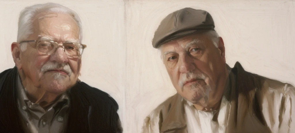 Oil painting of two old men ((best work of art)) ((two elderly men)) ((White background)) Brown hair, modern, current white background, Nick Alm, by Andrea Pozzo, Jeremy Lipking, range murata Jeremy Lipking, by Carlo Mense, inspired by Enrique Simonet, sargento marshénnikov, by Michael Ford, krenzcushart, Jeremy Lipking full length shot, by Josep Rovira Soler