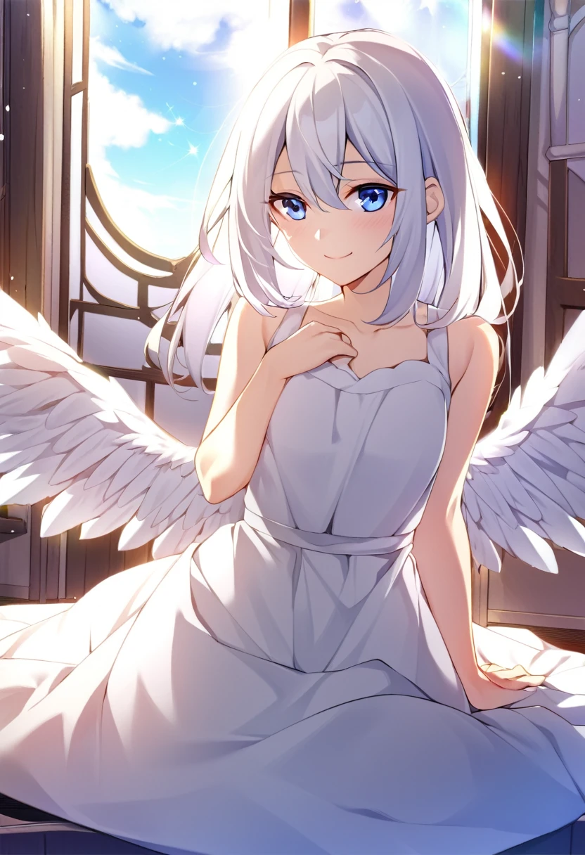one girl, archangel, angel wing, angel ring, sacred, cute, naive, sitting, s old, beautiful, light blue eyes, white dress, white hair, smile gently at me, girl focus, big wing